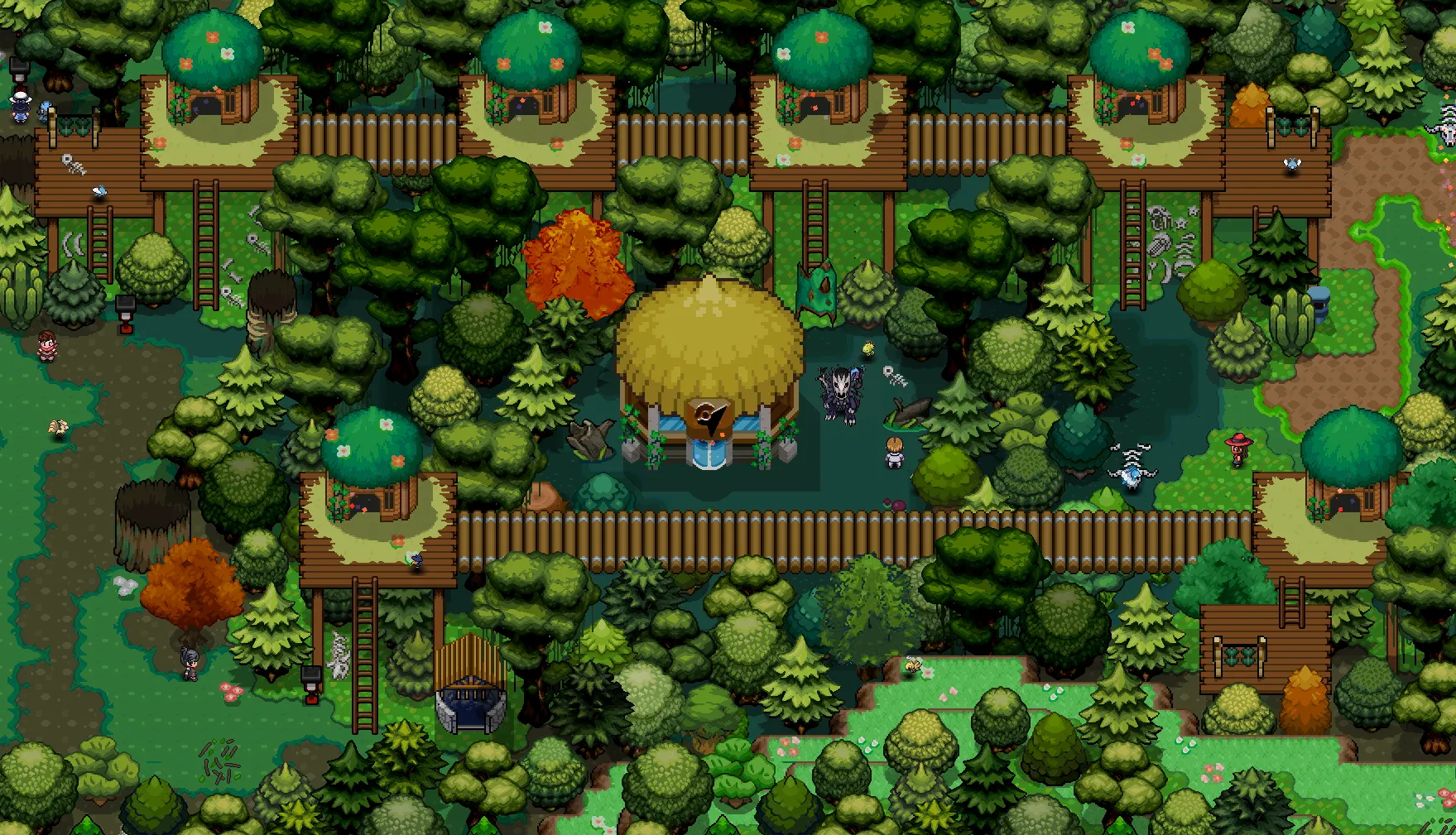 Treehouses and wooden bridges among the green canopy of Fortree City in Pokémon Blaze Online