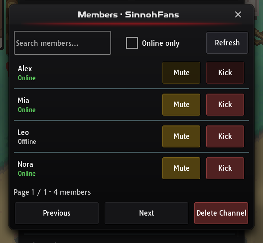 Members window of a player-owned chat channel with Mute and Kick buttons and Delete Channel