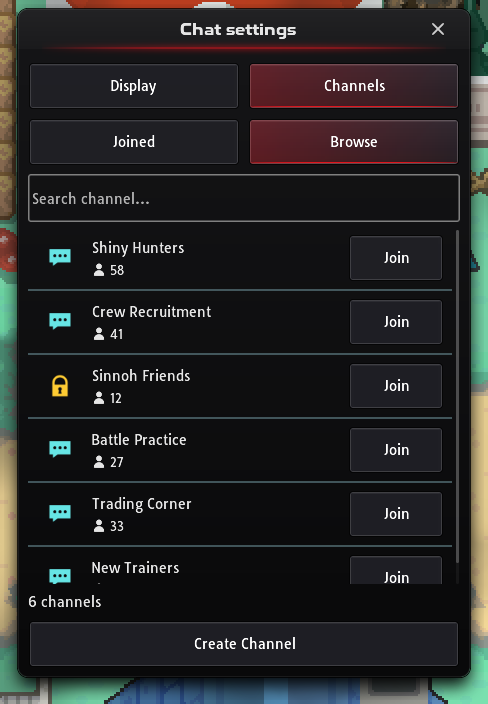Channel browser with a list of chat channels and a Create Channel button