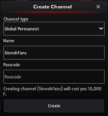 Create Channel form with three channel types and the 10,000 F cost message