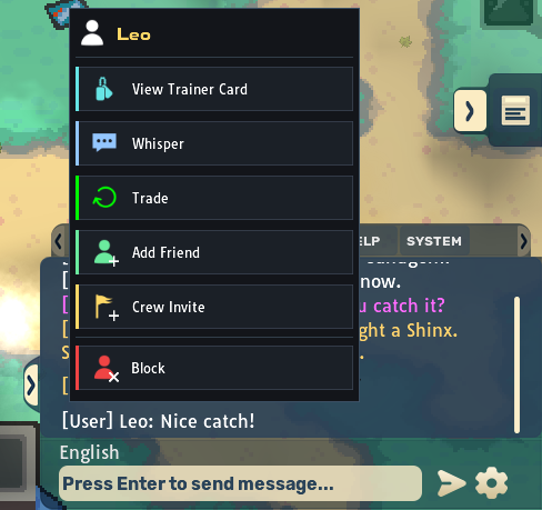 Player menu next to a chat message, headed by the sender's name, with View Trainer Card, Whisper, Trade, Add Friend, Crew Invite and Block rows