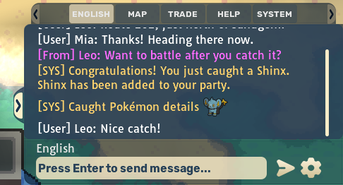 Chat panel with several tabs and a pink whisper message