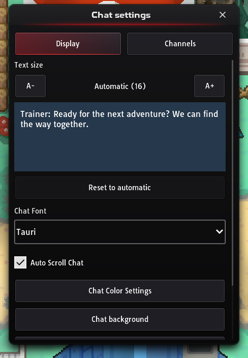 Chat settings window opened from the chat gear, with text size, font, auto scroll and colour options