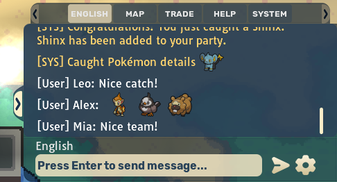 Chat window showing a party of Pokémon posted with the /team command