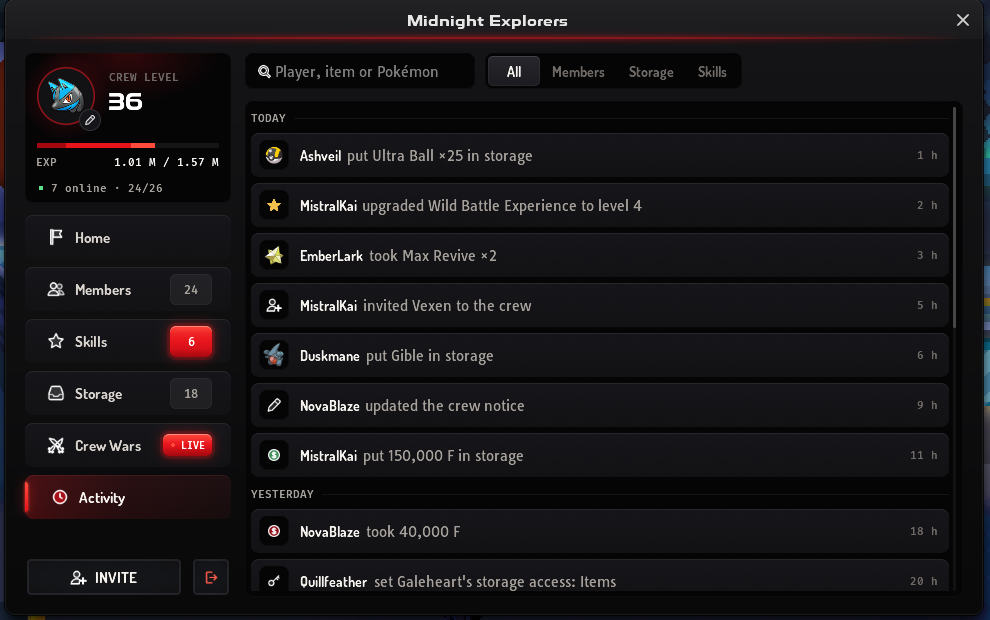 The Crew Hall's Activity page: the All, Members, Storage and Skills filters and the search, with log lines under Today and Yesterday