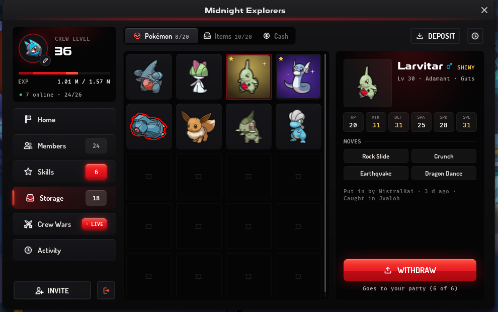 The Crew Hall's Storage page on Pokémon: the Pokémon, Items and Cash switch with Deposit, the stored Pokémon, and a picked Larvitar's details with Withdraw