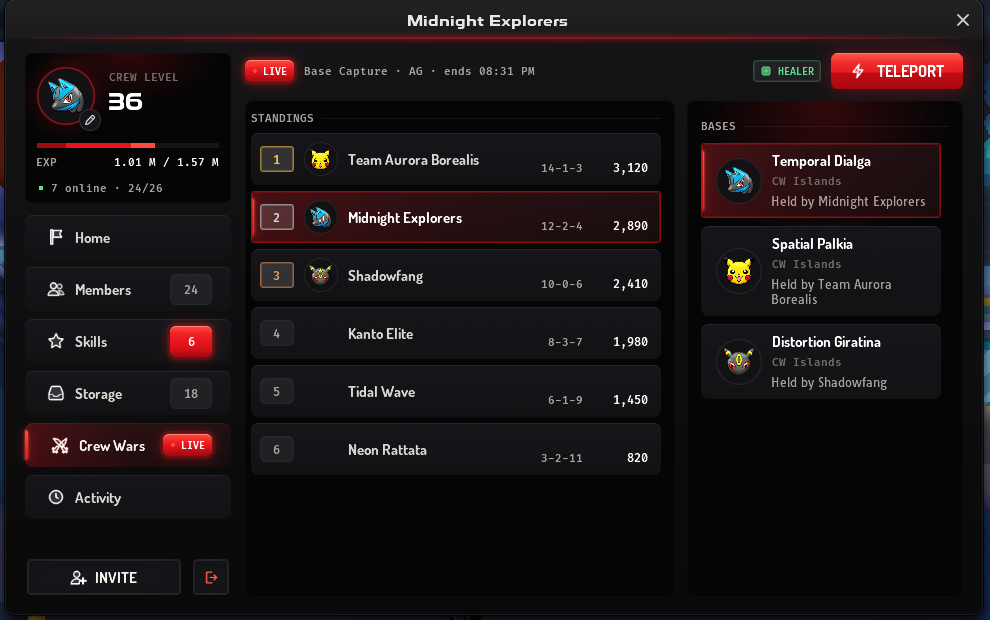 The Crew Hall's Crew Wars page during a war: the live format and end time, Healer and Teleport, the standings and who holds each base