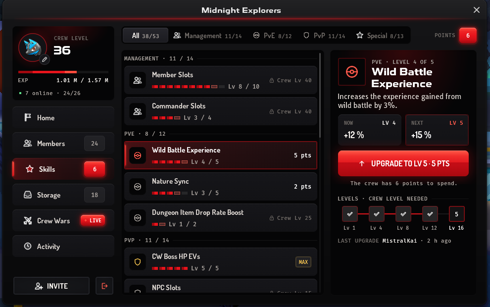 The Crew Hall's Skills page: skills listed by branch with their levels and costs, and the picked skill's Now and Next, its upgrade button and the crew level each of its levels needs