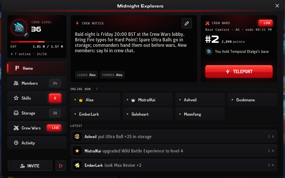 The Crew Hall's Home page: the rail with the crew's logo, level, EXP and the six page tabs, the crew notice, the Crew Wars panel with its Teleport button, the members online now and the latest activity