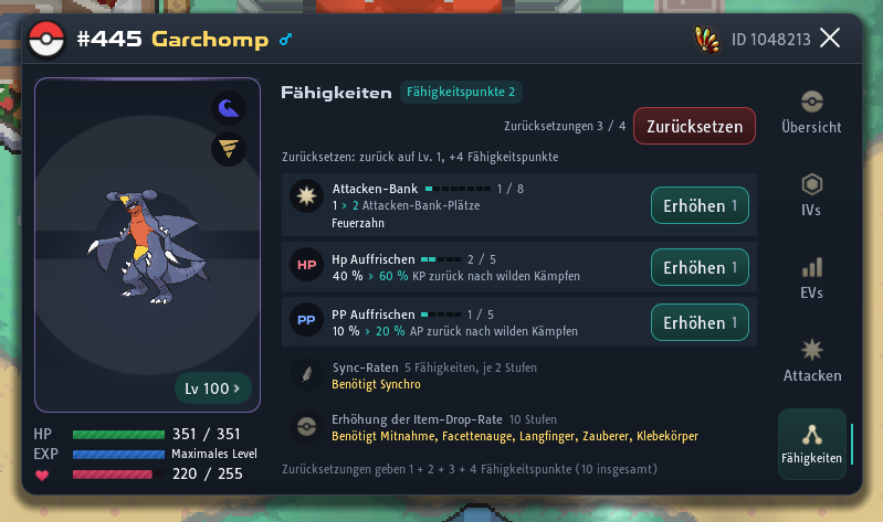 Reiter Fähigkeiten eines Weavile auf Level 100: 1 Fähigkeitspunkt, Zurücksetzungen 3 / 4 und Zurücksetzen, Zeilen mit Erhöhen für Attacken-Bank, Hp Auffrischen, PP Auffrischen und Erhöhung der Item-Drop-Rate sowie Sync-Raten, die Synchro brauchen