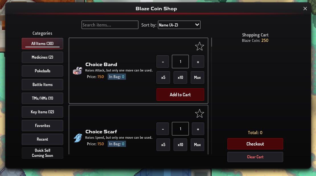 Blaze Coin Shop window with Choice Band and Choice Scarf at 150 Blaze Coins each and a balance of 250
