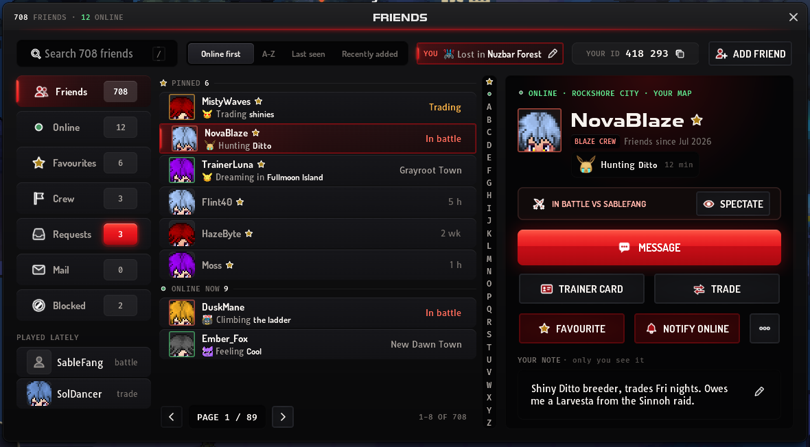 Friends window with a toolbar of search, sorts, your status, Your ID and Add Friend; a column of tabs with Played lately under them; the friends list with a letter strip; and the selected friend's profile on the right