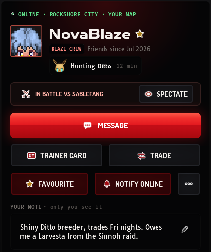 A friend's profile: online in Rockshore City, name with a favourite star, crew and Friends since, the status Hunting Ditto, a battle to spectate, the Message, Trainer Card, Trade, Favourite and Notify online buttons, and a private note
