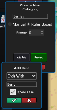 Create custom category form with an Ends With Berry rule and the preview toast Rules would match 4 item(s)