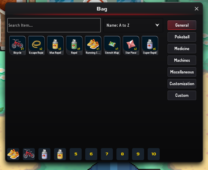 Bag window on the General tab with eight items and four of them in the quick access slots along the bottom