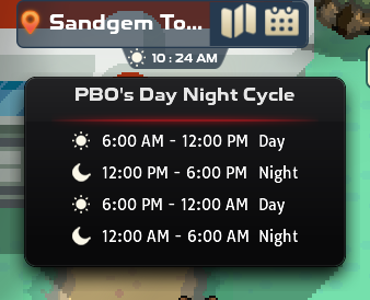 Clock tooltip showing PBO's day and night periods