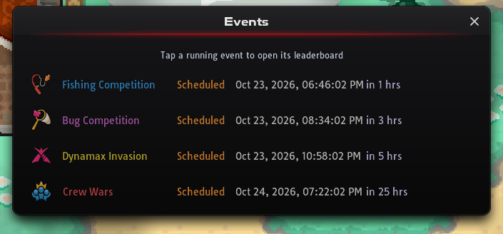 Events window listing upcoming events and their start times