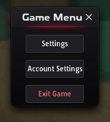 Game Menu window with Settings, Account Settings and Exit Game buttons