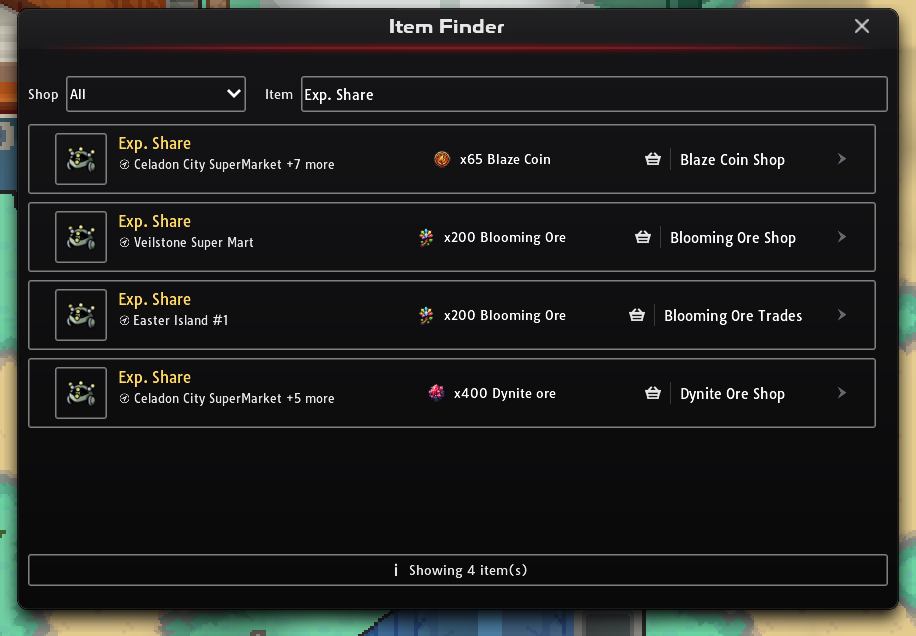 Help window with Item Finder results for Exp. Share at the Blaze Coin Shop and three ore shops