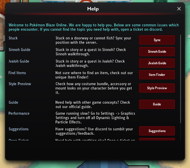 Help window listing Stuck, Sinnoh Guide, Jvaloh Guide, Find Items, Style Preview, Guide, Performance and Suggestions with their buttons