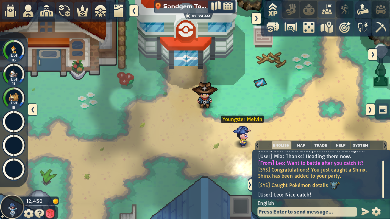 Full PBO game screen in Sandgem Town with every HUD panel visible