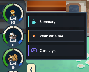 Party panel with a menu showing Summary, Walk with me and Card style