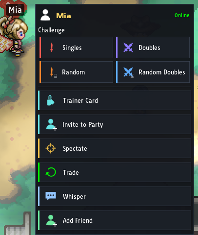 Action menu next to another trainer with challenge and social options