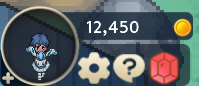 Bottom-left player panel with the trainer portrait, 12,450 F and the settings, help and store buttons
