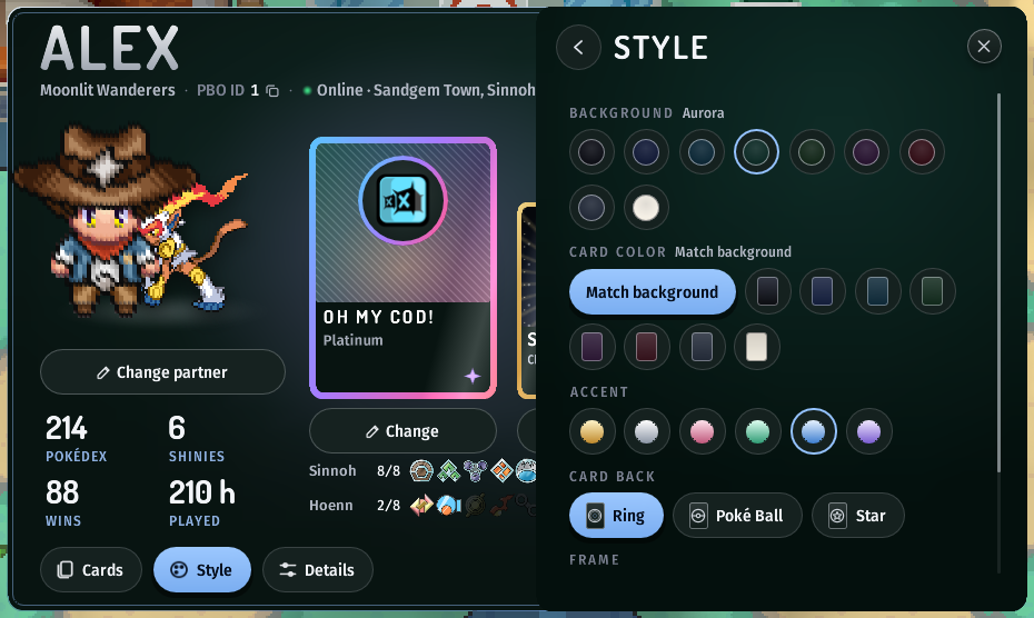 Your trainer card in Customize mode with the Style sheet open: Background swatches with Aurora picked, Card color, Accent and Card back