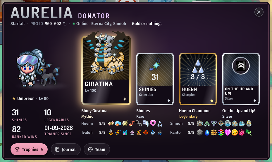Another player's trainer card: name with a Donator tag, crew, PBO ID and where they are online, a motto, their trainer and partner, four stats, four showcase cards, region badges, and Trophies, Journal and Team