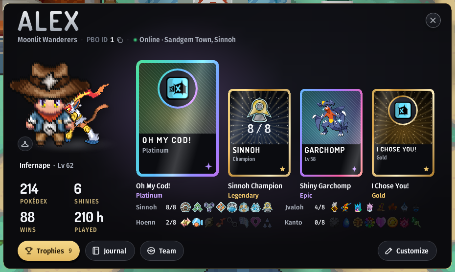 Your own trainer card: the name with crew, PBO ID, online place and motto across the top; the trainer and a partner Pokémon beside four stats; a showcase of one large card and three smaller ones; a row of badges for each region; and Trophies, Journal, Team and Customize buttons along the bottom