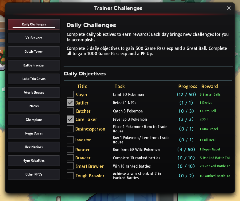 Trainer Challenges window open on Daily Challenges with the category list