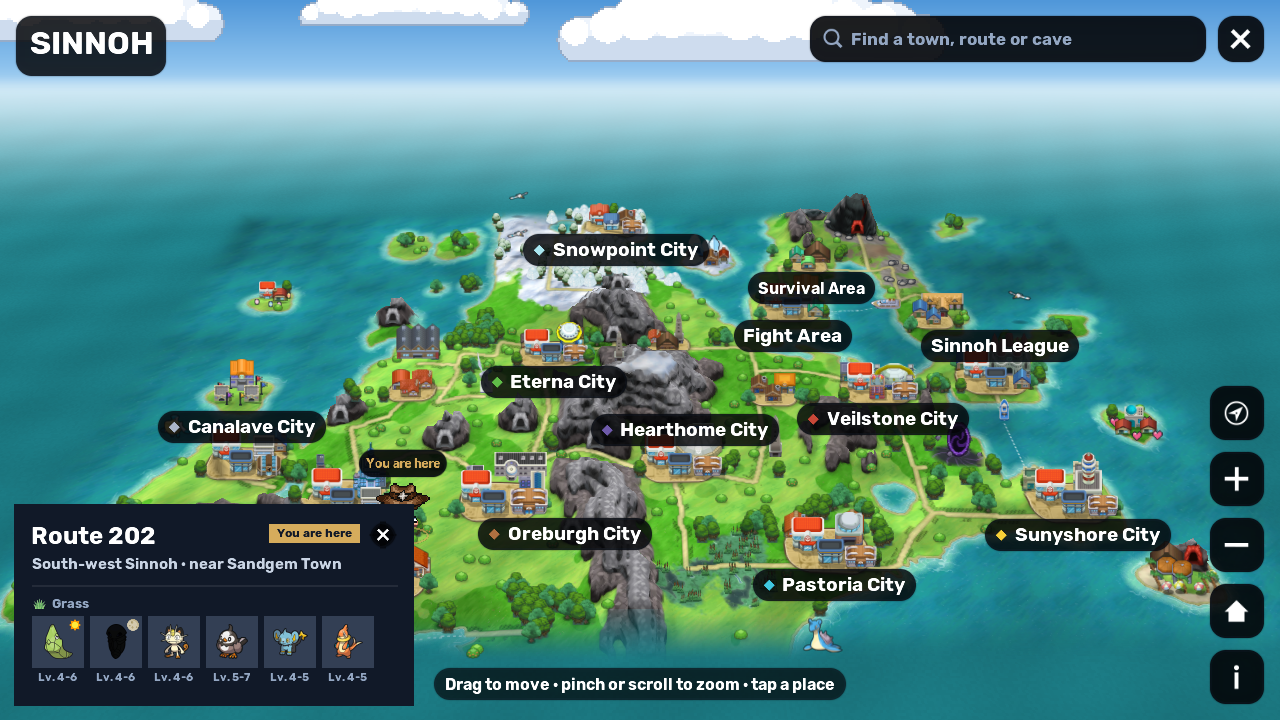 The 2.5D World Map of Sinnoh as it opens: the whole region on a raised board with its town names, the You are here tag over the trainer, the region name and search box at the top, round buttons at the bottom right and the card of the player's place at the bottom left