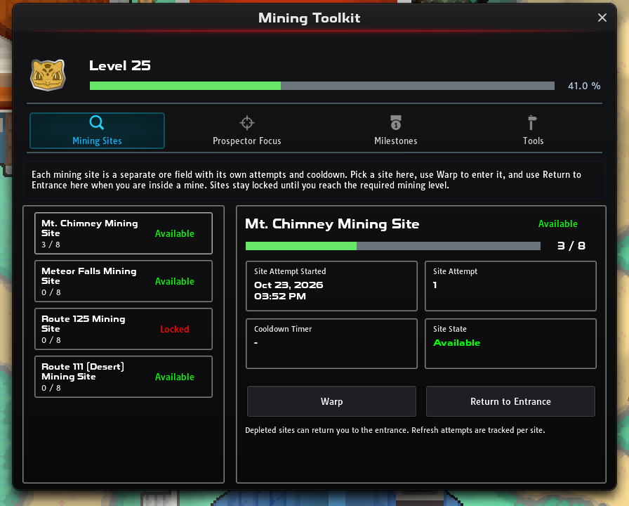 Mining Toolkit on the Mining Sites tab: the Mt. Chimney Mining Site picked, with its attempts and state, and the Warp and Return to Entrance buttons under it