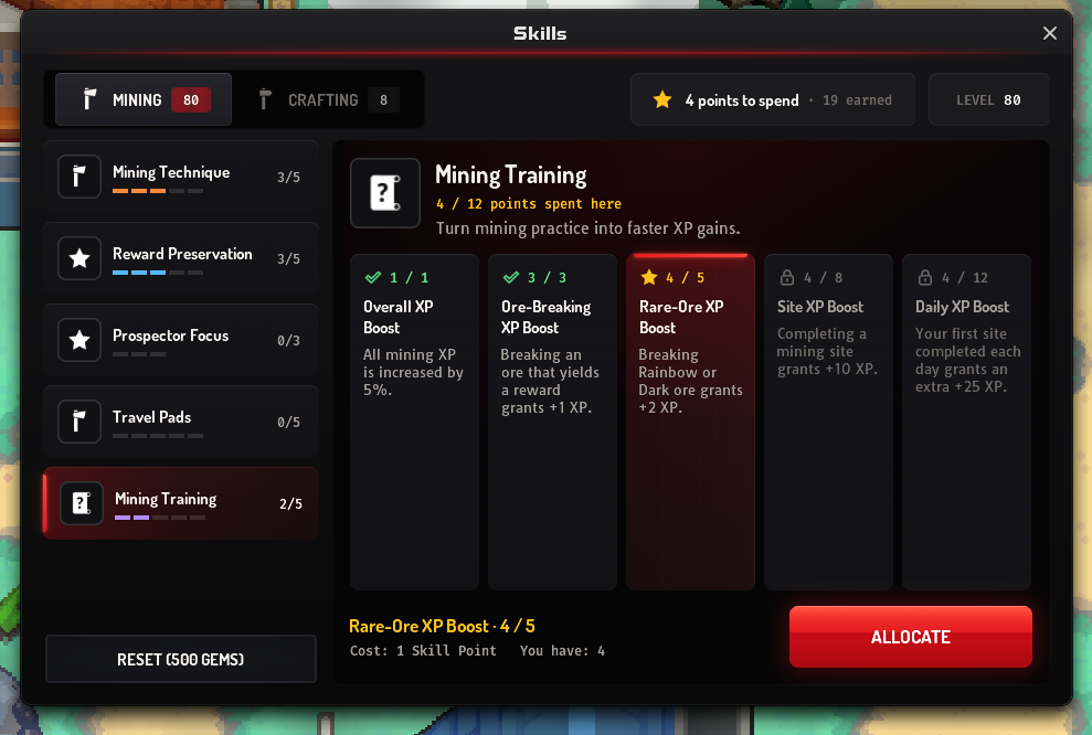 Skills window on Mining with Mining Training picked: 4 of 12 points spent, Overall XP Boost and Ore-Breaking XP Boost checked, Rare-Ore XP Boost next, and Site XP Boost and Daily XP Boost locked