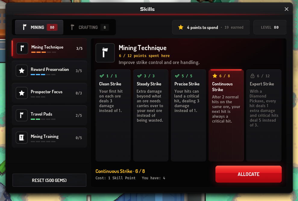 Skills window on Mining: points to spend at the top, the five branches with their pips on the left, the Mining Technique perks as cards and the Allocate button below them