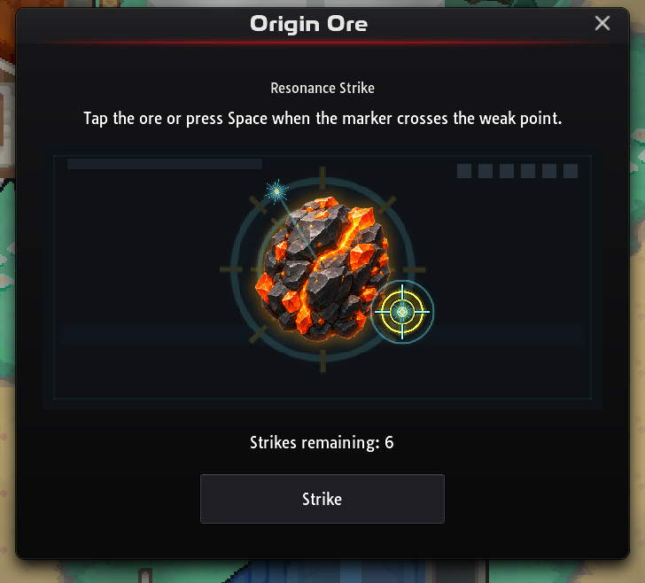 Origin Ore minigame with a moving marker, a weak point on the ore and a strikes remaining counter