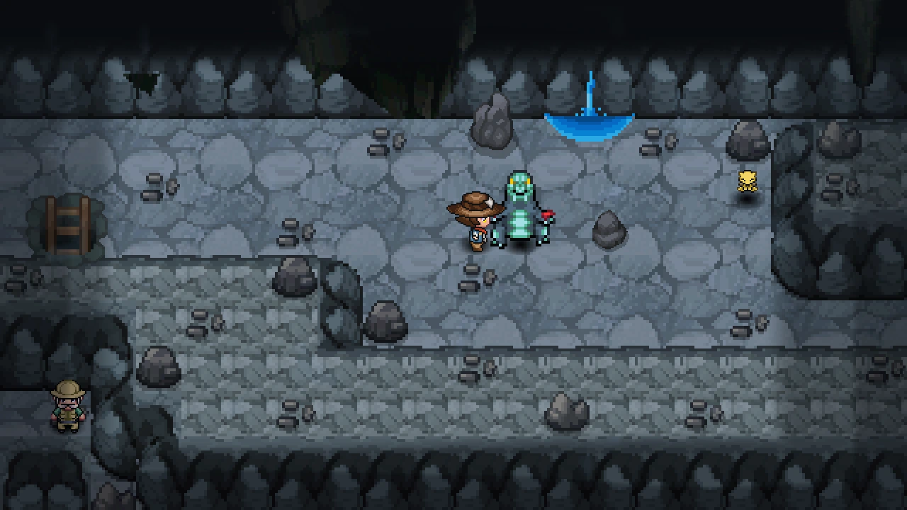 A Baxcalibur standing in a rocky cave corridor.