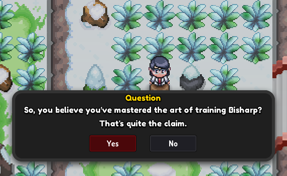 Blaze's Aide on Champions Road asking whether you have mastered the art of training Bisharp, with Yes and No buttons