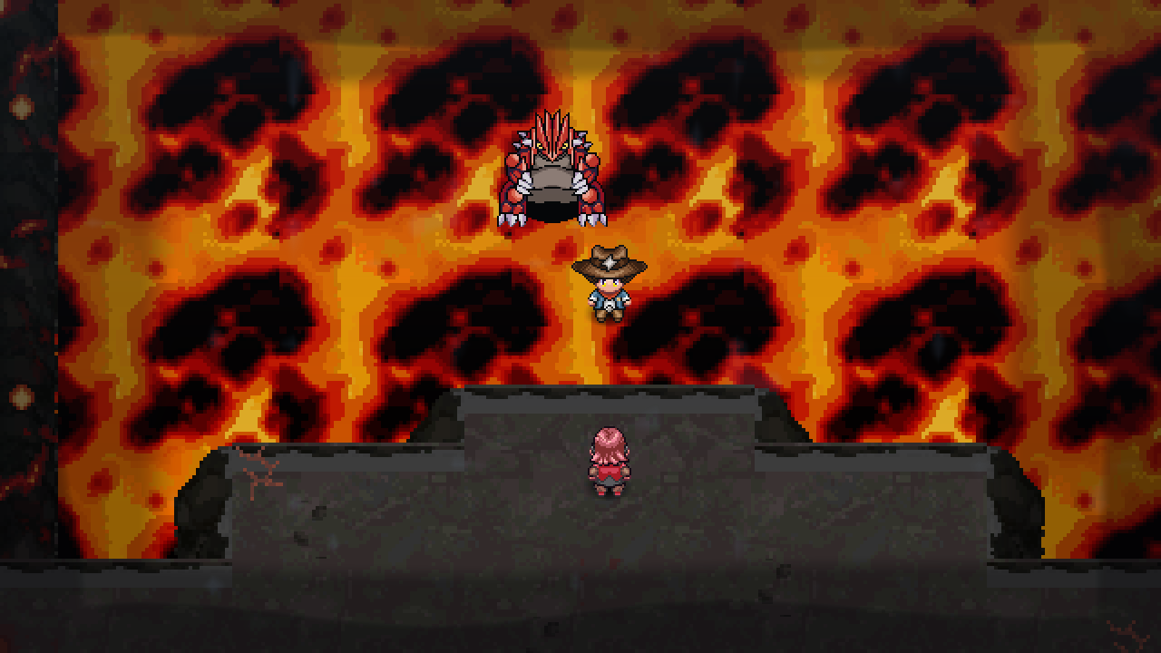 Maxie standing in the deepest chamber of the Cave of Origin with the player in front of him.