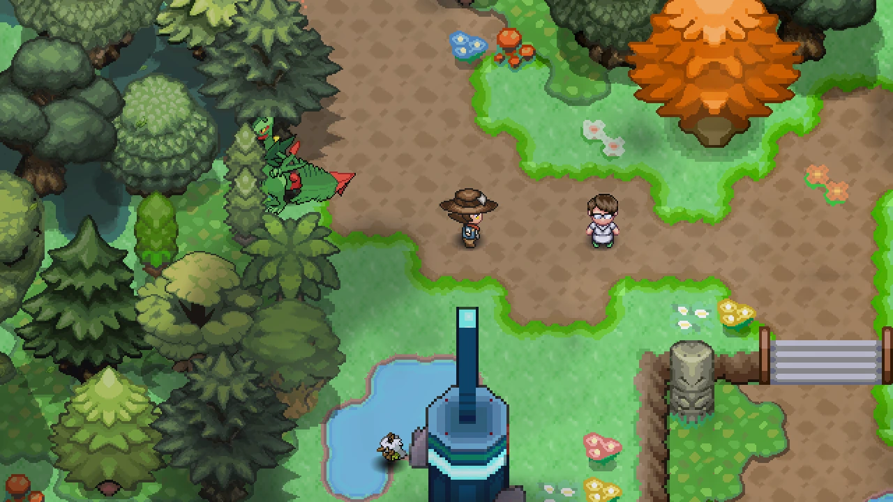 Professor Cozmo and a rampaging Mega Sceptile on Route 119 (North), south of the Weather Institute.