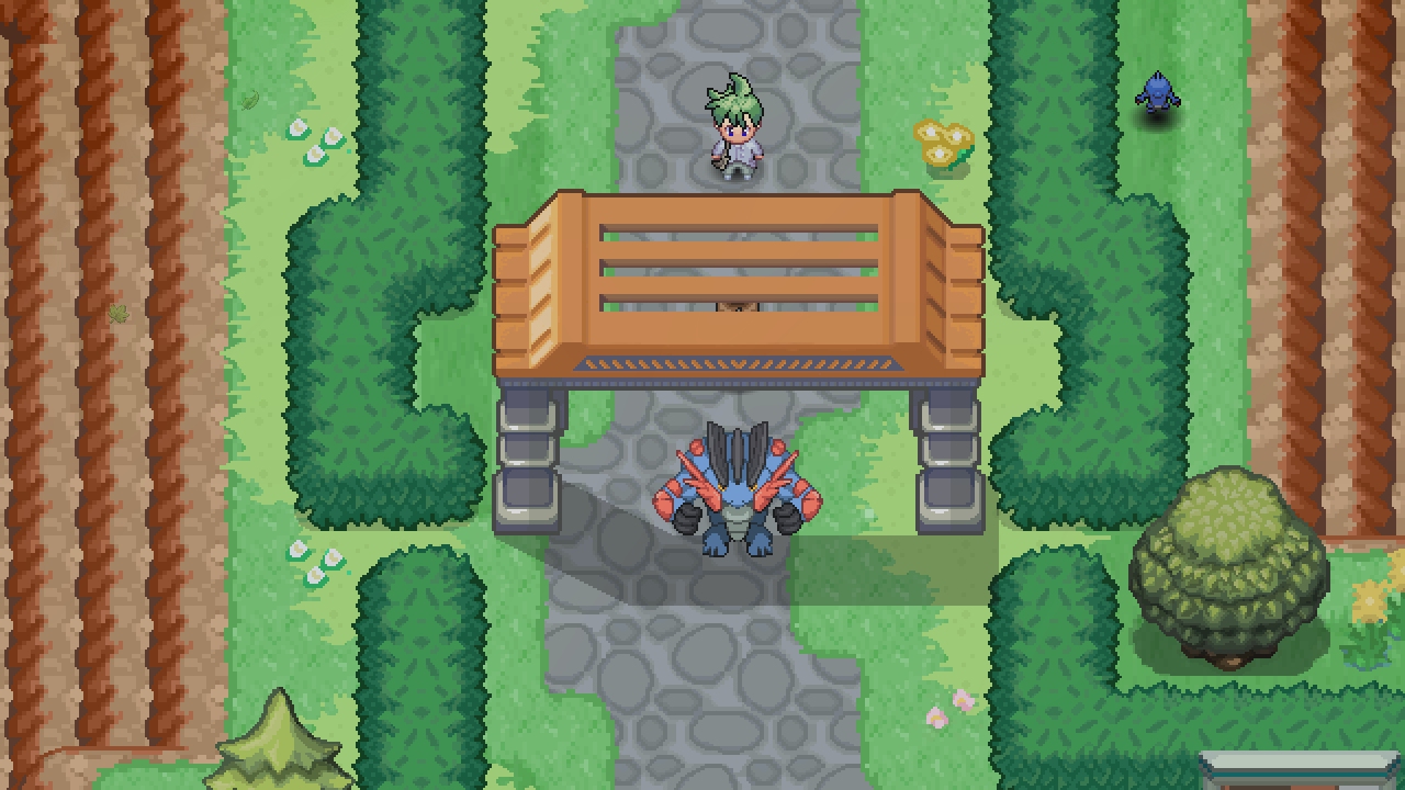 A Mega Swampert blocking the path outside the Hoenn League building, with Wally nearby.