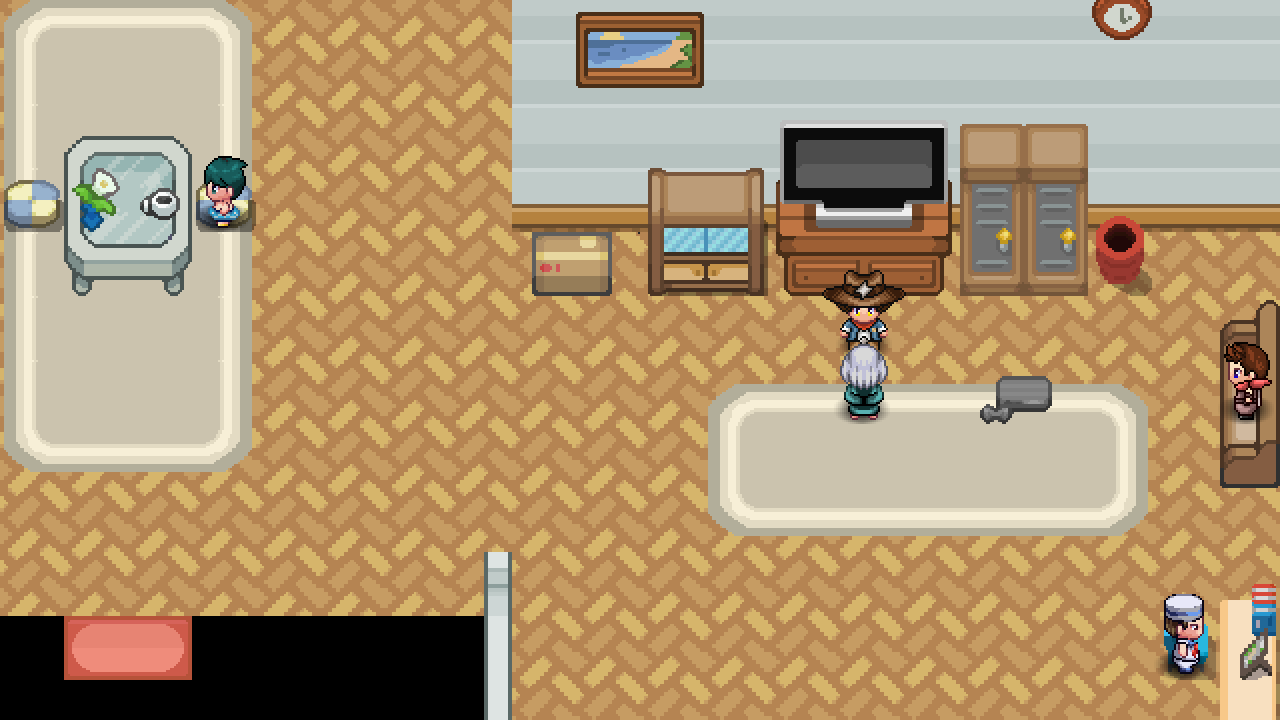 The inside of a beach house with five trainers and the owner.