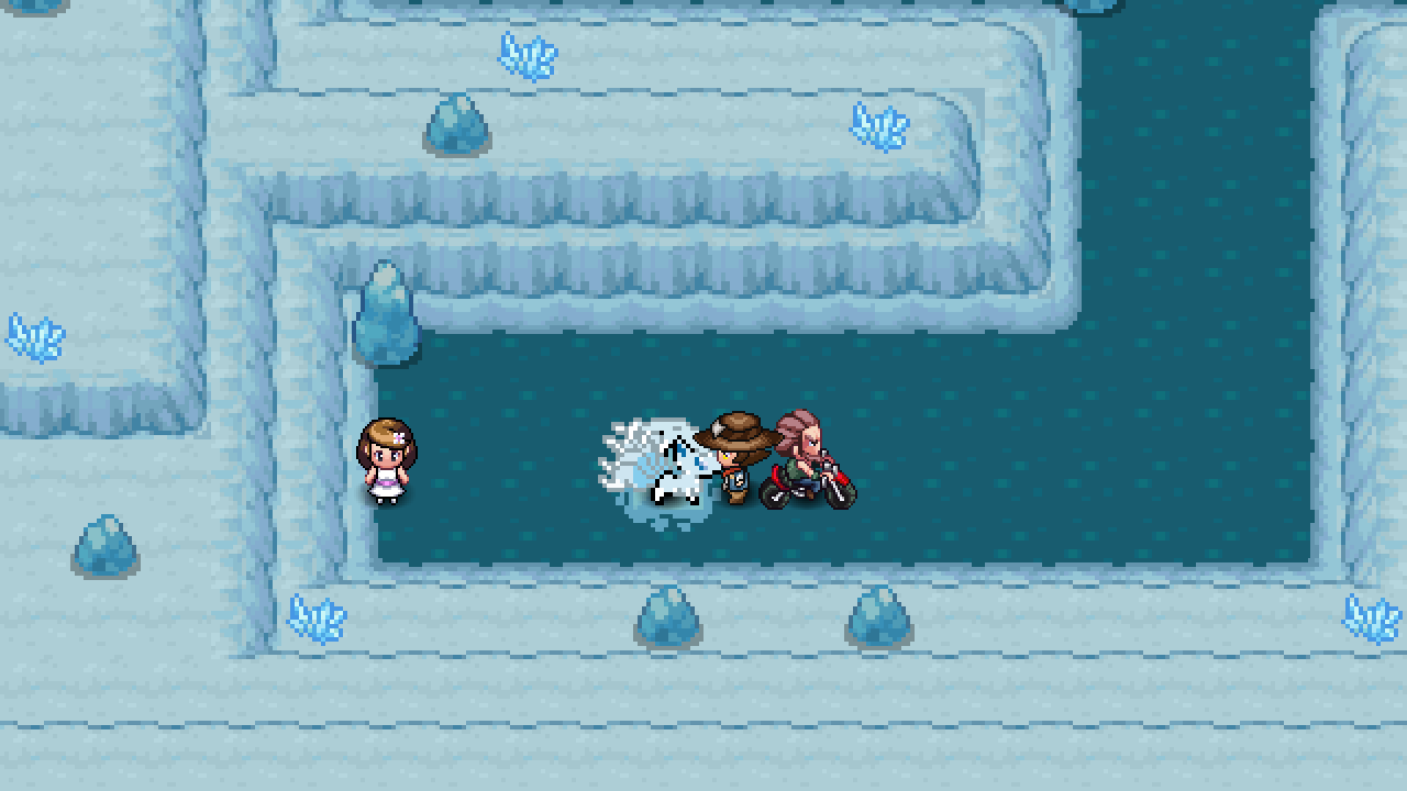 The Alolan Ninetales boss standing in the icy Glacier Cave-D with the player nearby.