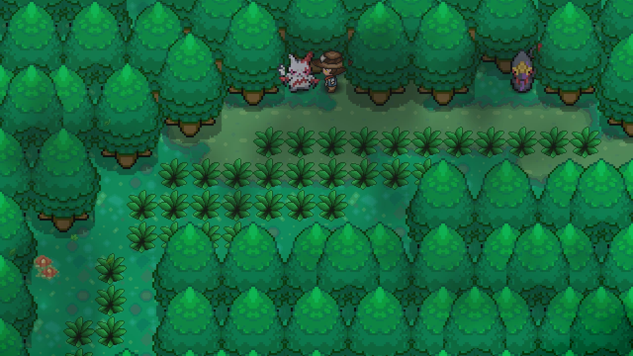 The Zangoose boss standing in the Drenched Forest with the player nearby.