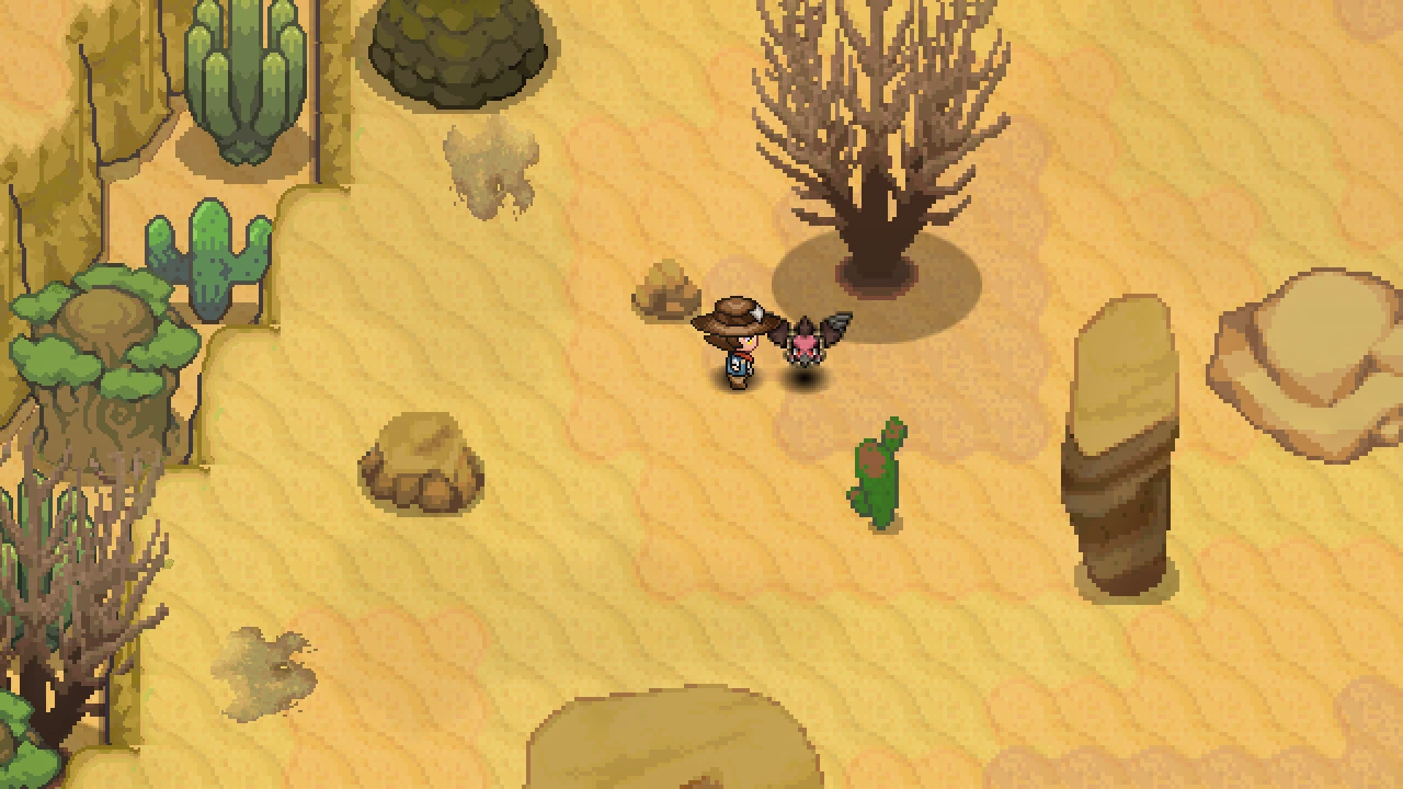 The Mandibuzz boss standing on the sand of the Scorched Desert with the player nearby.