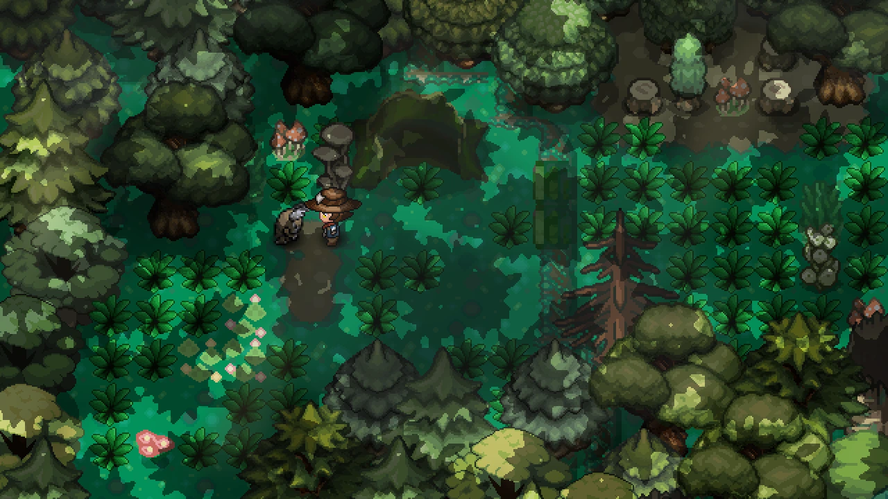 The Pinsir boss standing in Nuzbar Forest with the player nearby.