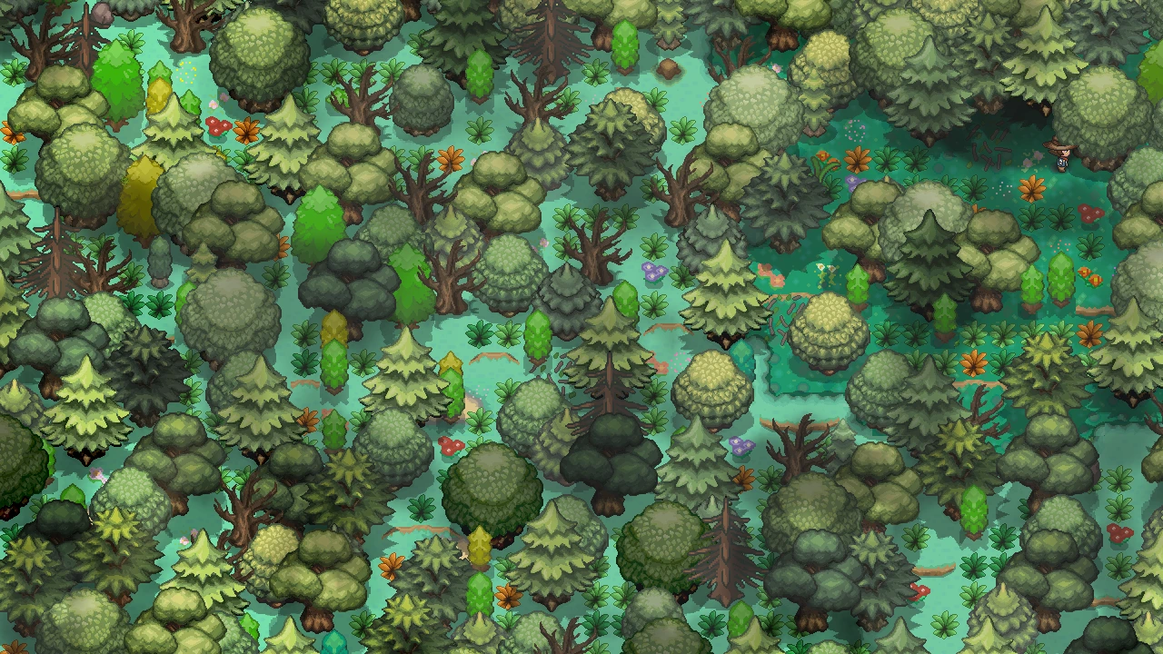 Overhead view of the dense woods in the north-east corner of Route 5-B, with the player near the top right, where the way into Nuzbar Forest is.