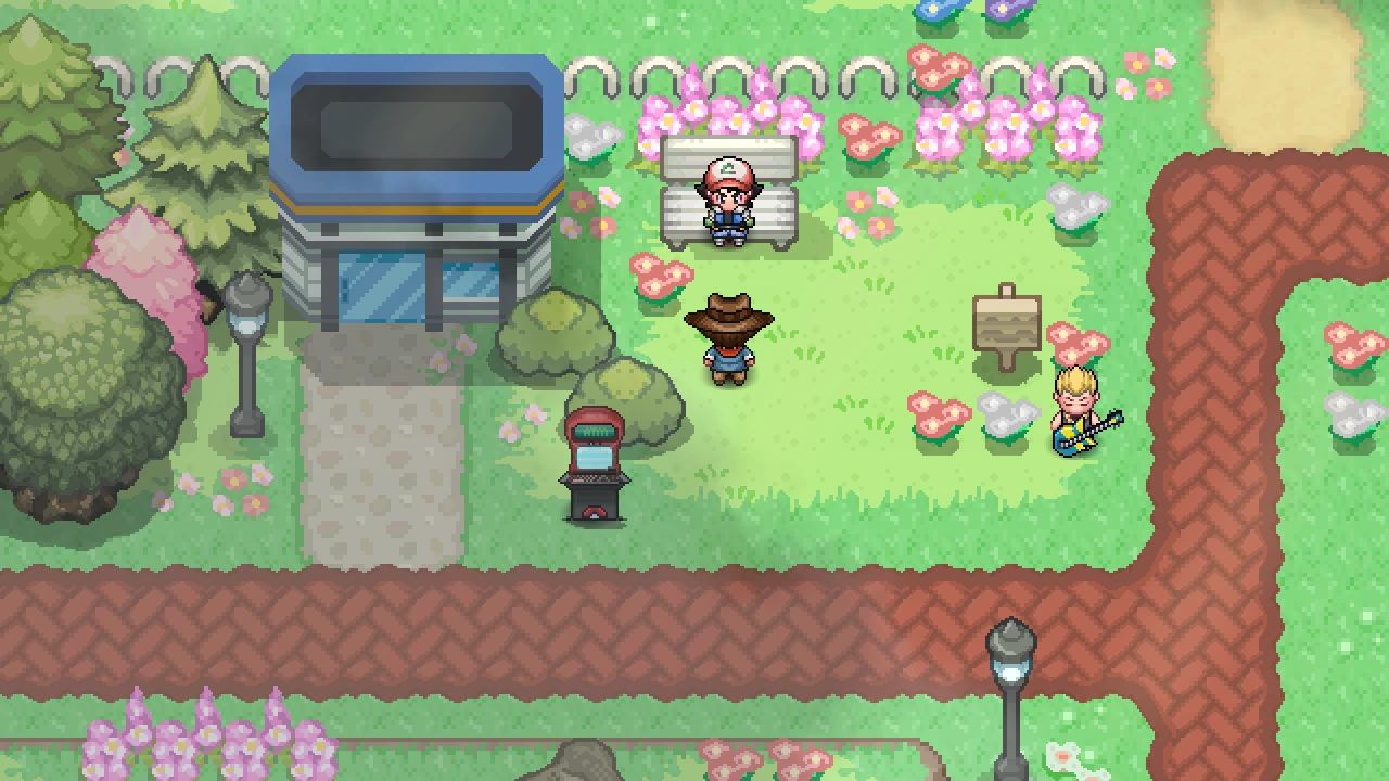 Ash standing in Fuchsia City with the player in front of him.