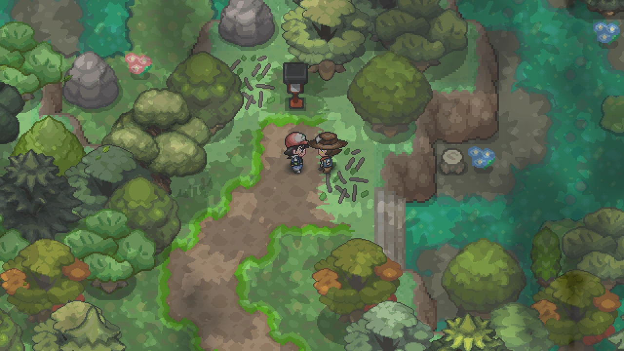 Ash standing on a path in Viridian Forest with the player in front of him.
